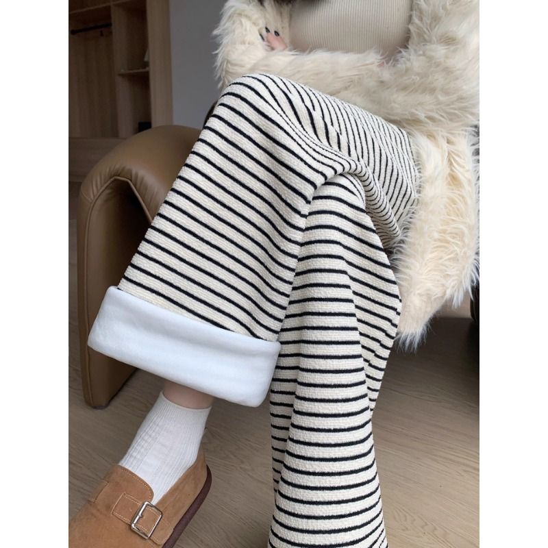 加绒条纹裤女2025秋冬新款加厚黑白糯米裤高腰显瘦垂感慵懒阔腿裤