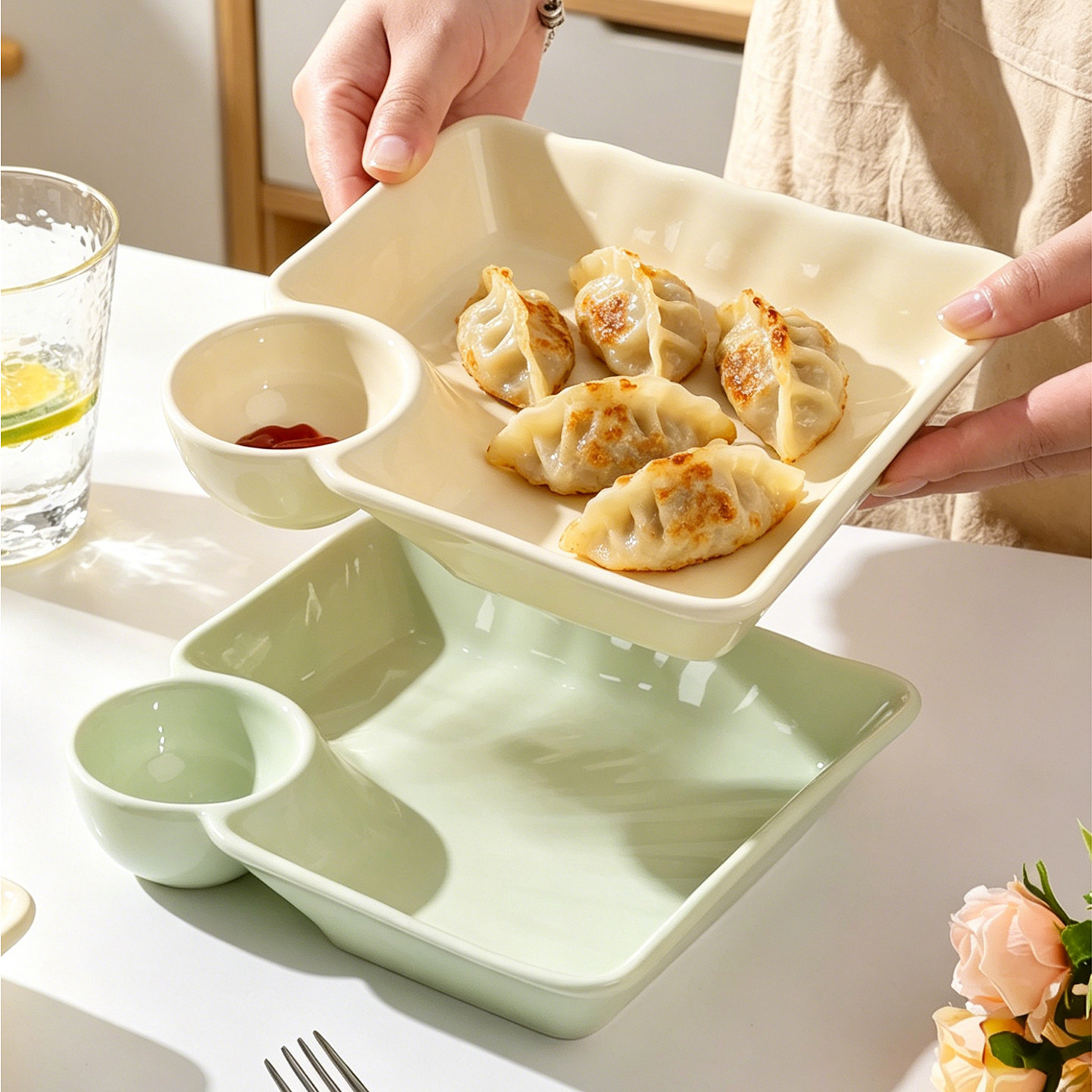 怀瑾饺子盘家用2026新款奶油风陶瓷饺子盘吃水饺专用带醋碟餐具图片