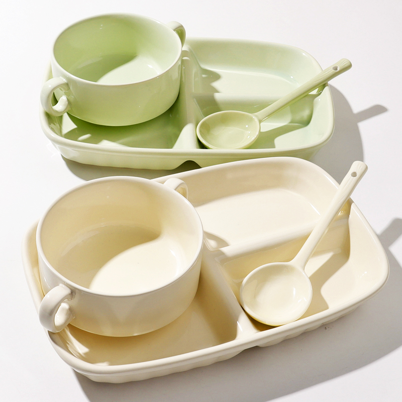 奶油风早餐分格盘一人食餐具套装儿童餐盘陶瓷家用分隔分餐盘子碗