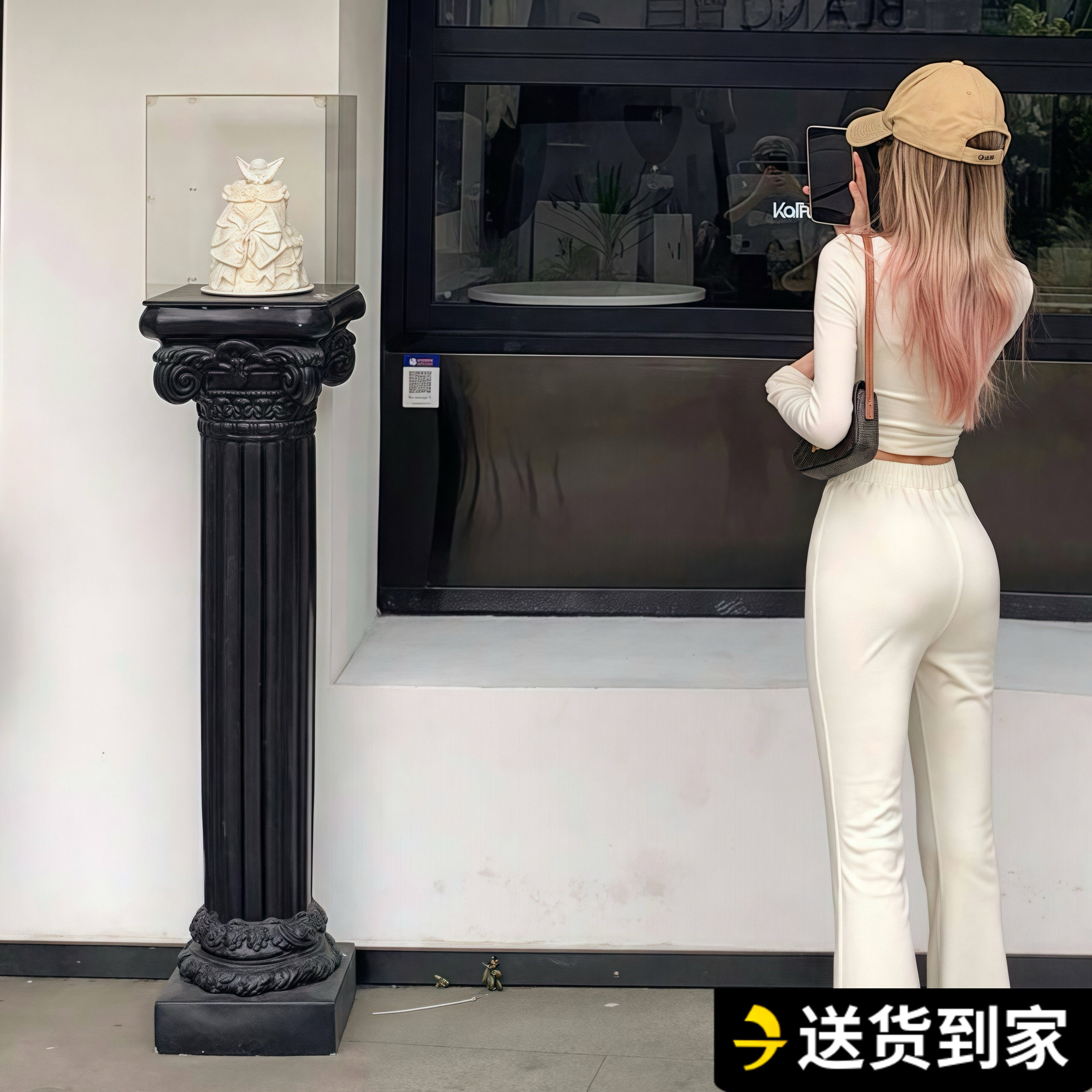纯黑色质感罗马柱边几室内覆古欧式家居装饰摄影布置场摆件工艺品