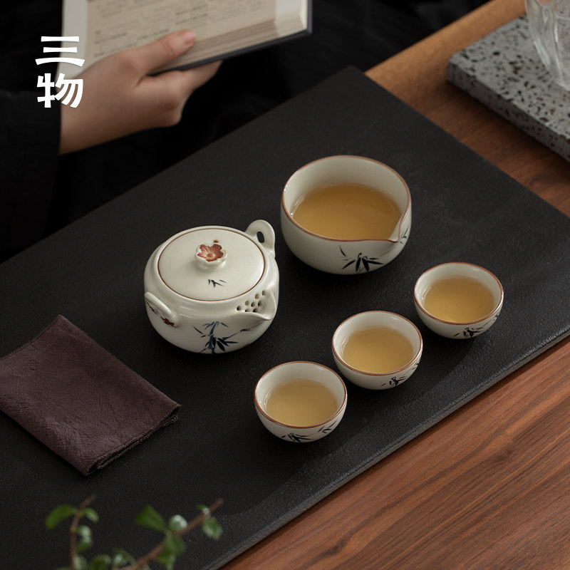 三物水墨竹影汝窑旅行茶具一壶三杯户外便携式高端手绘陶瓷快客杯