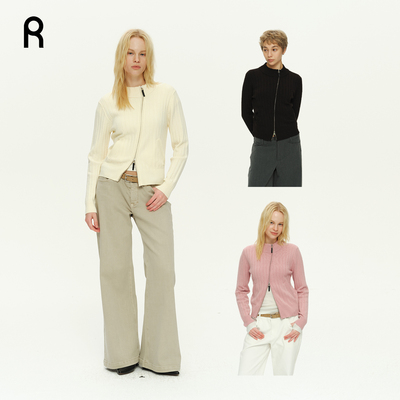 ReAimNess* 斜襟双拉链修身羊毛开衫百搭毛织女开衫外套毛衣