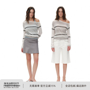 ReAimNess*夏日微透 斜肩仿麻触感显瘦条纹轻薄长袖罩衫针织衫女