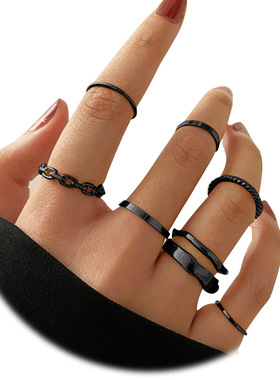 亚马逊热销黑色关节戒指批发创意个性简约叠戴组合套装7件套戒指