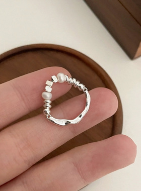 不规则碎银子珍珠戒指女轻奢小众设计高级感食指戒时尚个性指环