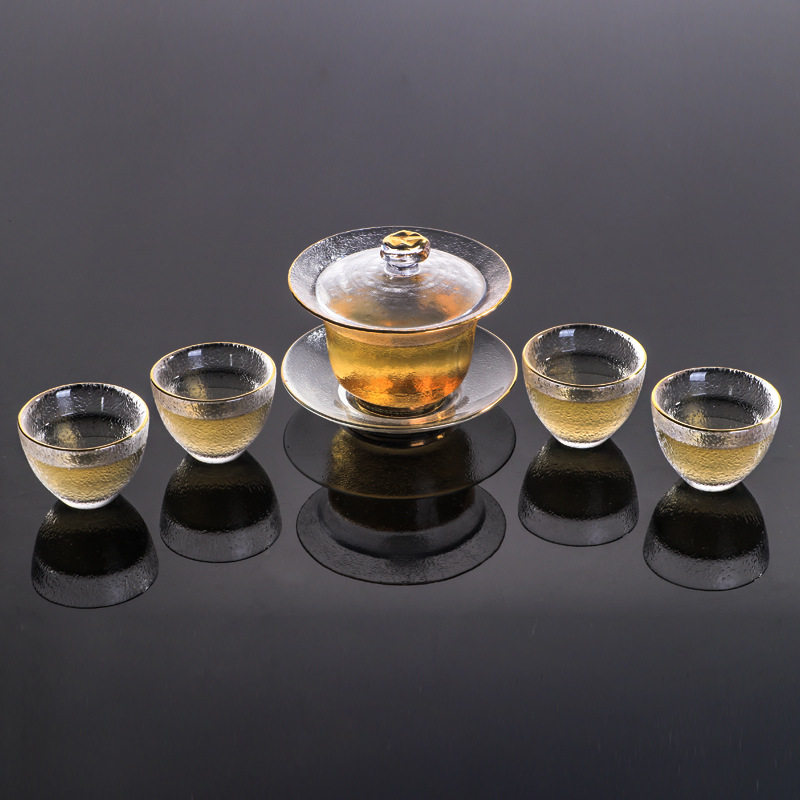 日式冷纹梅花描金玻璃盖碗加厚手抓壶圆形茶海功夫茶具三才泡