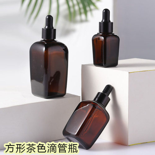 茶色避光玻璃滴管精油瓶20ml50ml100ml方形精华液瓶茶色分装空瓶