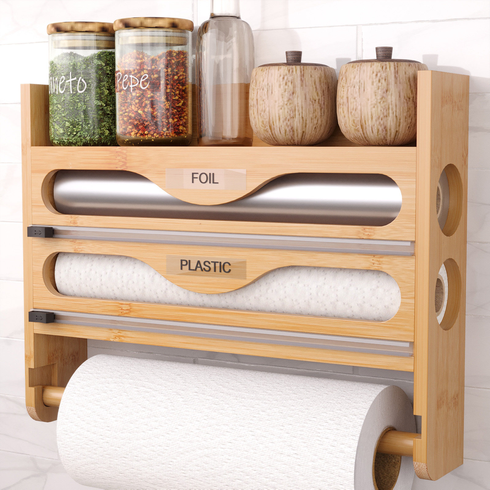 壁挂式多合一竹制厨房保鲜膜切割器分层锡箔纸韩式简约多格收纳盒,厨房/烹饪用具,保鲜膜切割器,淘宝优惠券,粉丝福利购,淘宝优惠卷