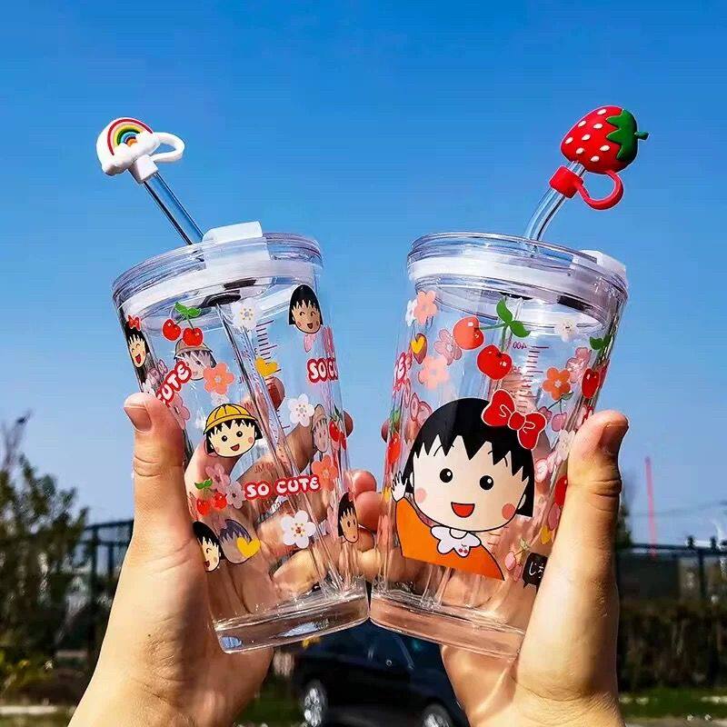 樱桃小丸子冷水壶日系ins网红玻璃杯吸管水杯耐热学生刻度牛奶杯