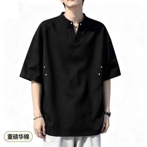 美式重磅260克华棉柳钉V领短袖t恤男女同款夏季设计半袖宽松半袖