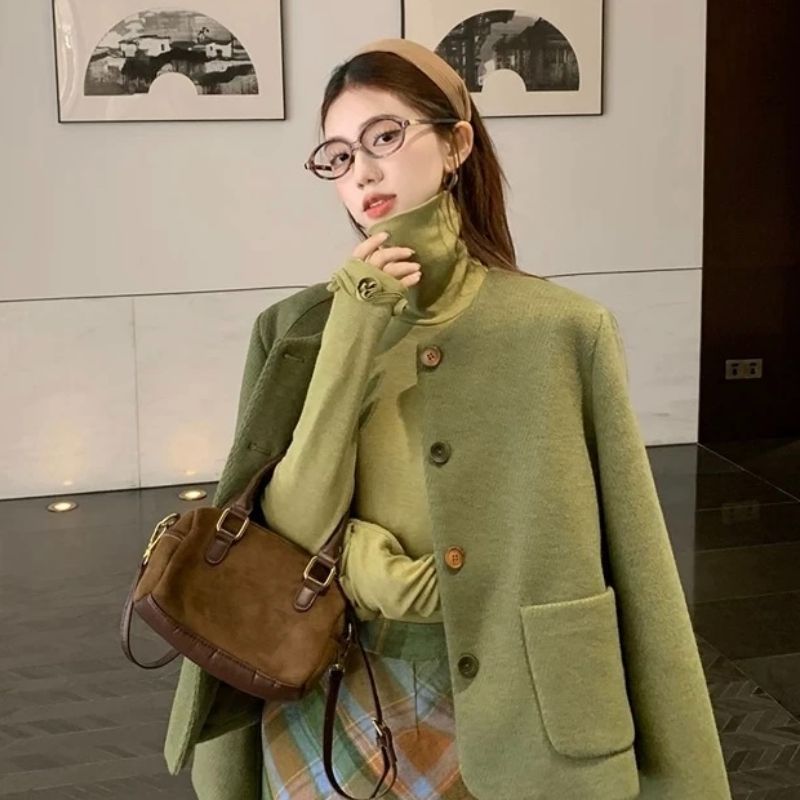 气质套装绿色小香风西装外套长袖T恤女秋季包臀半身裙三件套8221