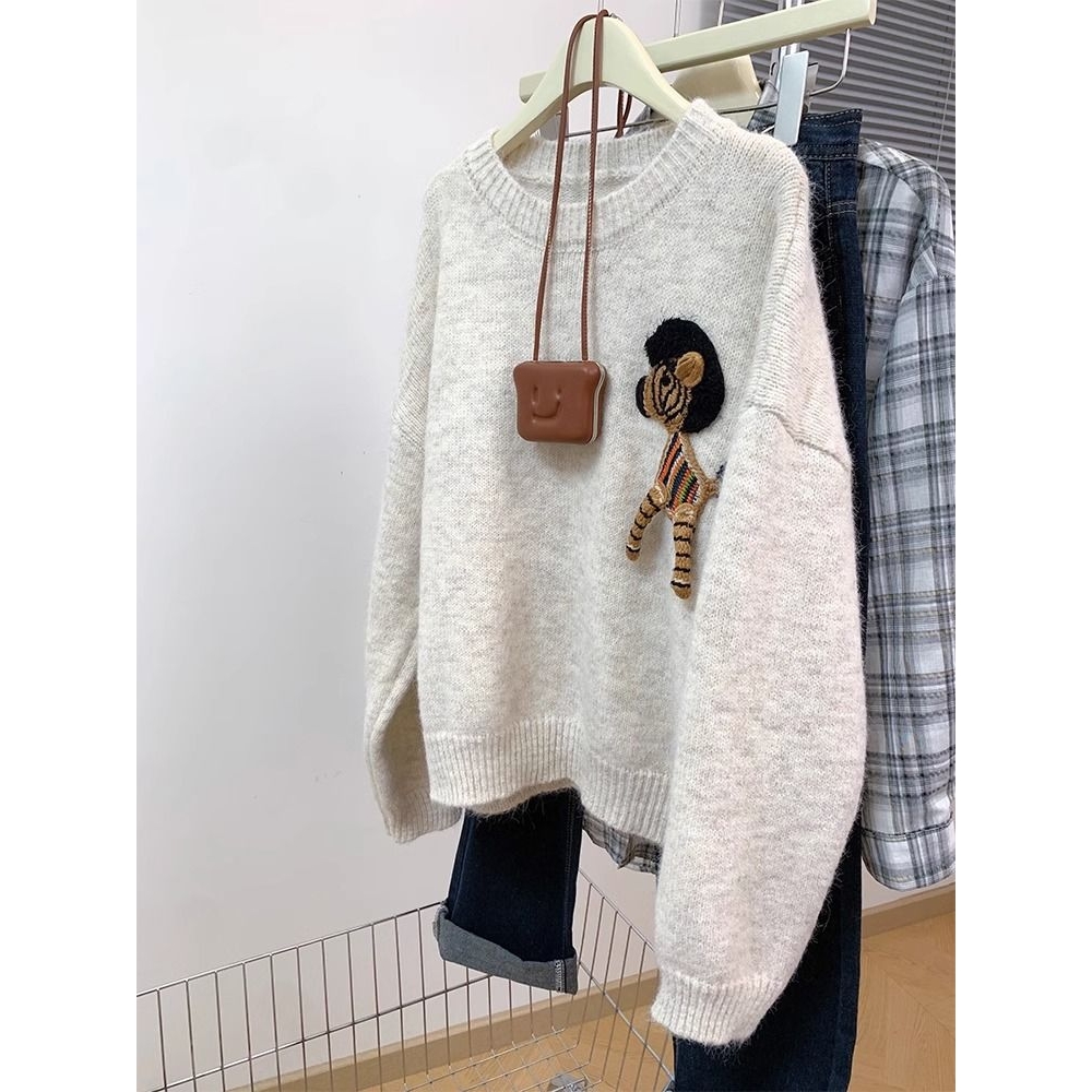 设计感刺绣套头毛衣女2025新款秋冬季加厚小个子慵懒风打底针织衫