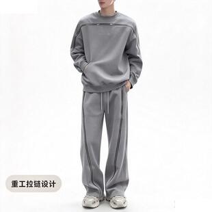 美式复古灰色卫衣两件套男女春潮牌设计感小众重工拉链休闲套装12