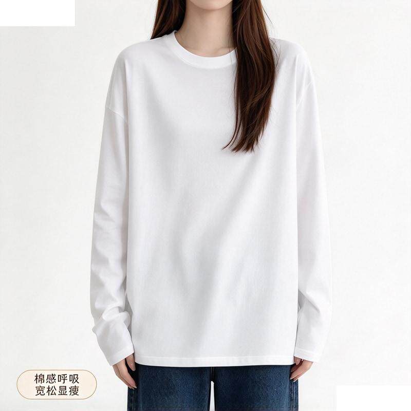 【棉感呼吸纤维】聚酯纤维显瘦宽松纯色长袖t恤白色内搭男女上衣