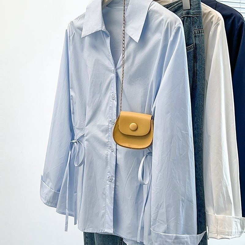 2025早秋新款胖mm大码女时尚设计感收腰显瘦绑带衬衫上衣