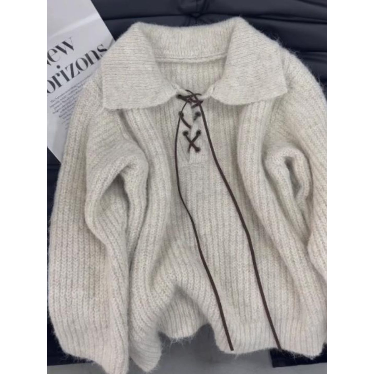 半开领绑带毛衣女秋冬韩系宽松慵懒风高级感内搭针织上衣厚