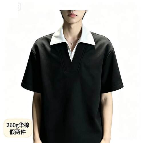 重磅美式260克华棉撞色假两件V领Polo衫翻领短袖t恤男款夏季新款