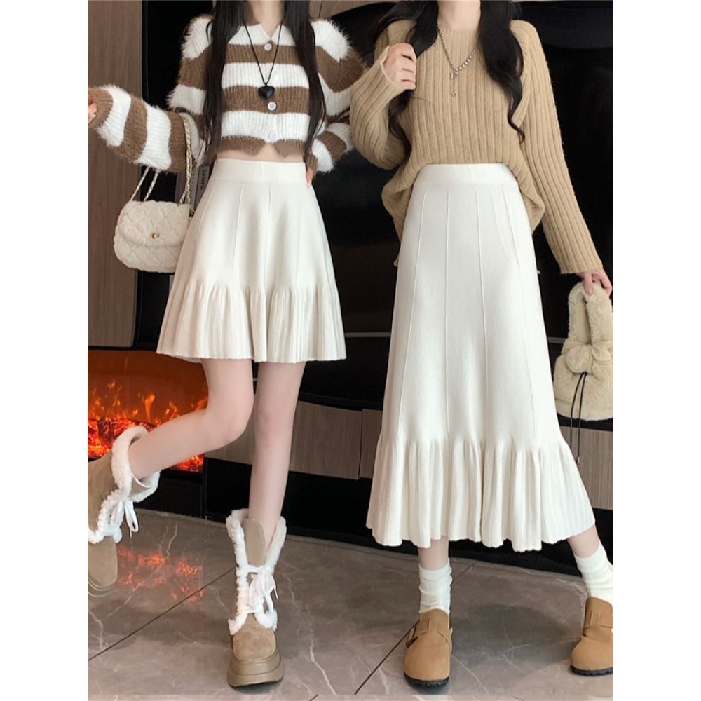 针织半身裙2024秋冬新款高腰显瘦a字裙百褶裙中长款荷叶边裙子