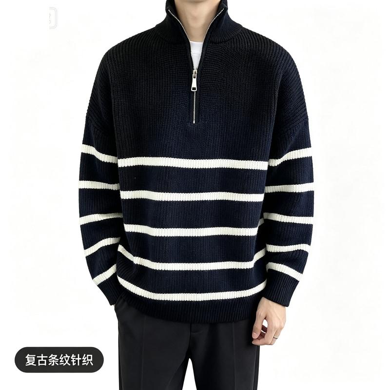 半拉链高领毛衣男慵懒风复古条纹毛衣/针织衫