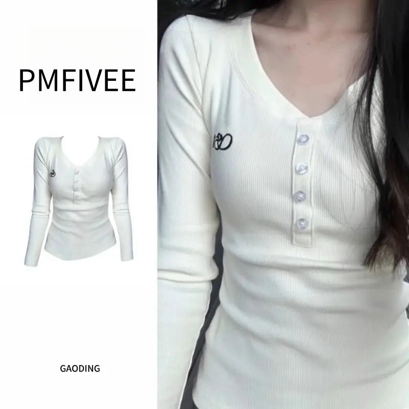 春秋季刺绣设计感v领修身t恤女纯欲风长袖纯色纽扣法式上衣薄款潮