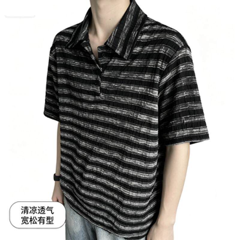条纹撞色POLO翻领短袖T恤男肌理感清凉透气夏季宽松休闲百搭上衣