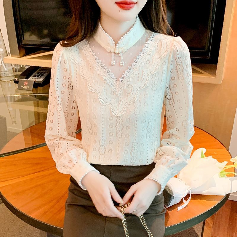 蕾丝打底衫女长袖秋冬新款韩版洋气百搭时尚气质大码女装镂空上衣