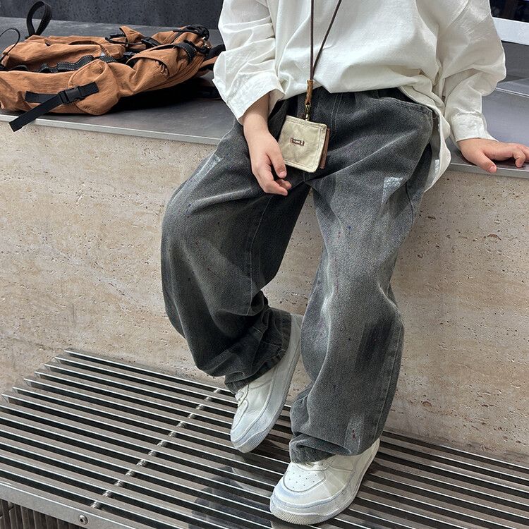 男童加绒加厚牛仔裤秋冬款2024新款中大童男孩韩版洋气手绘裤子潮