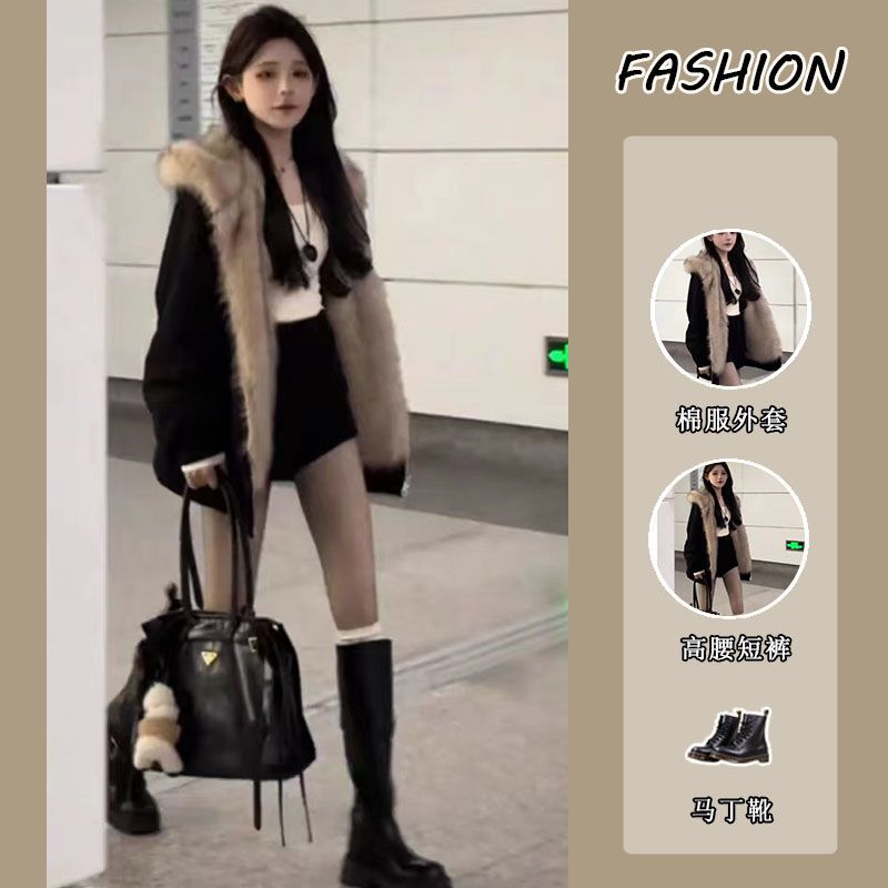 套装女2025秋冬季纯欲风辣妹复古座山雕毛毛拼接连帽外套高腰短裤