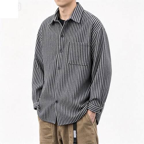 日系复古竖条纹长袖衬衫男春秋潮牌ins休闲宽松痞帅毛呢衬衣外套