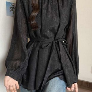 宽松显瘦中长款 2025设计感系带收腰长袖 大码 女新款 遮屁股上衣 衬衫