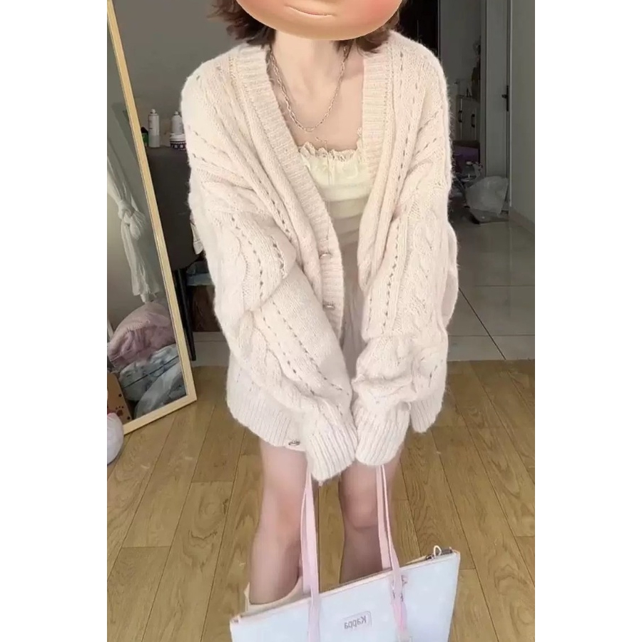 软糯温柔慵懒风针织开衫女春季2025新款宽松V领麻花毛衣外套女装