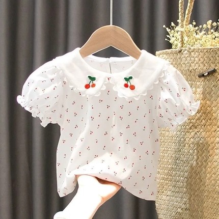 女童短袖T恤夏装新款洋气1-6岁女宝宝娃娃领打底衫婴幼儿纯棉上衣