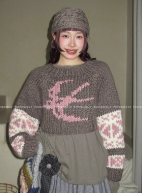 One purple祖母手作～秋冬重工手打套头毛衣复古撞色图案针织上衣