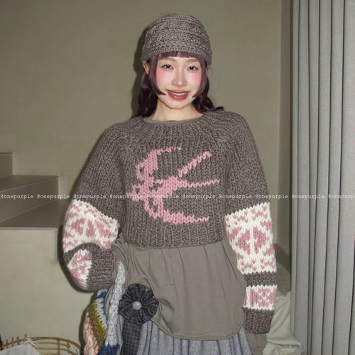 One purple祖母手作～秋冬重工手打套头毛衣复古撞色图案针织上衣