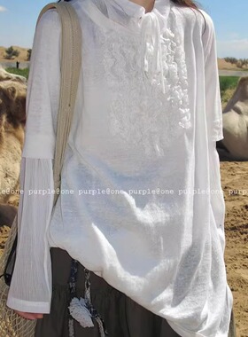 One purple| 日系亚麻手工抽褶花边上衣全麻针织圆领套头短袖