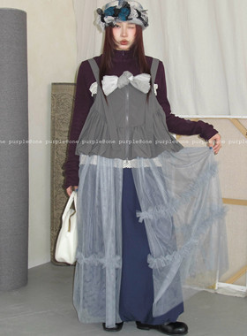 One purple| 日系休闲设计感不规则网纱连衣裙小众花苞拉链背带裙