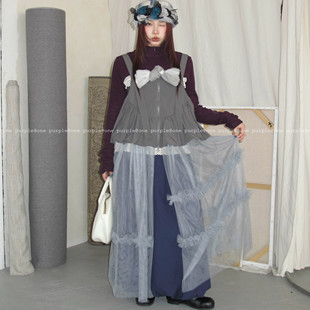 One 日系休闲设计感不规则网纱连衣裙小众花苞拉链背带裙 purple