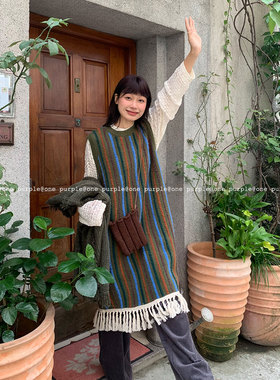one purple｜10.31New复古圆领撞色条纹连衣裙宽松加厚流苏背心裙