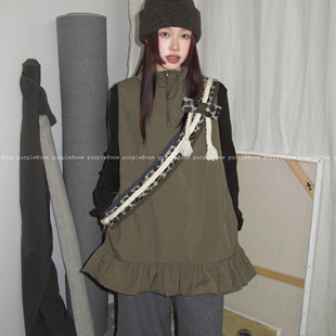 夹棉百搭背心 11.8New韩系简约褶皱花边高领马甲冬季 one purple