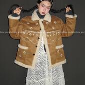 One 保暖百搭棉衣 复古设计感刺绣羊羔毛外套冬季 purple 1.10