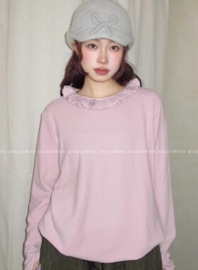 One purple| 冬季加厚磨毛减龄花边领长袖T韩版纯色百搭宽松卫衣