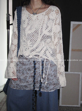 one purple|4.25NEW 度假风镂空花朵流苏圆领钩织罩衫