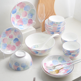 迈卡伦 釉中彩陶瓷餐具套装18头吃饭碗家用菜盘8英寸大汤碗送礼