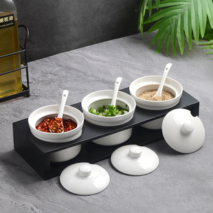 迈卡伦 陶瓷调料盒家用厨房调料罐三件套带盖勺调味盒陶瓷调料碗