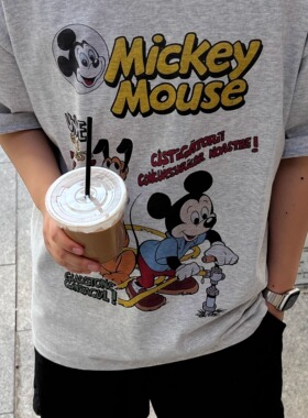 Talktokey(TTO) 水管米奇 美式卡通 花灰色纯棉宽松短袖T恤男女