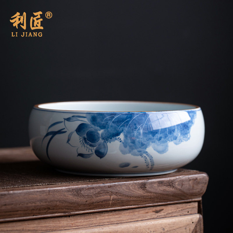 古董泥手绘青花陶瓷茶盆茶具家用大茶杯洗笔洗茶渣罐茶碗水碗