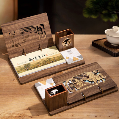 周历定制2026年新款台座笔筒台历办公室木质桌面记事创意时钟日历马年商务办公台座摆件企业订制logo广告制作