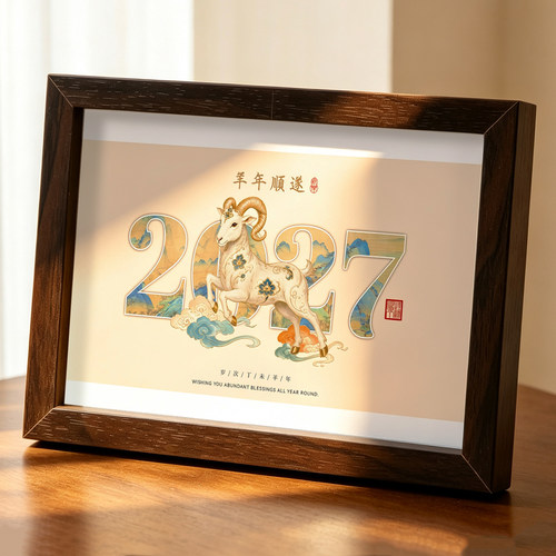 2027台历创意实木相框办公桌面摆件可印照片简约ins风自律打卡计划本羊年创意简约月历订制企业广告定制logo