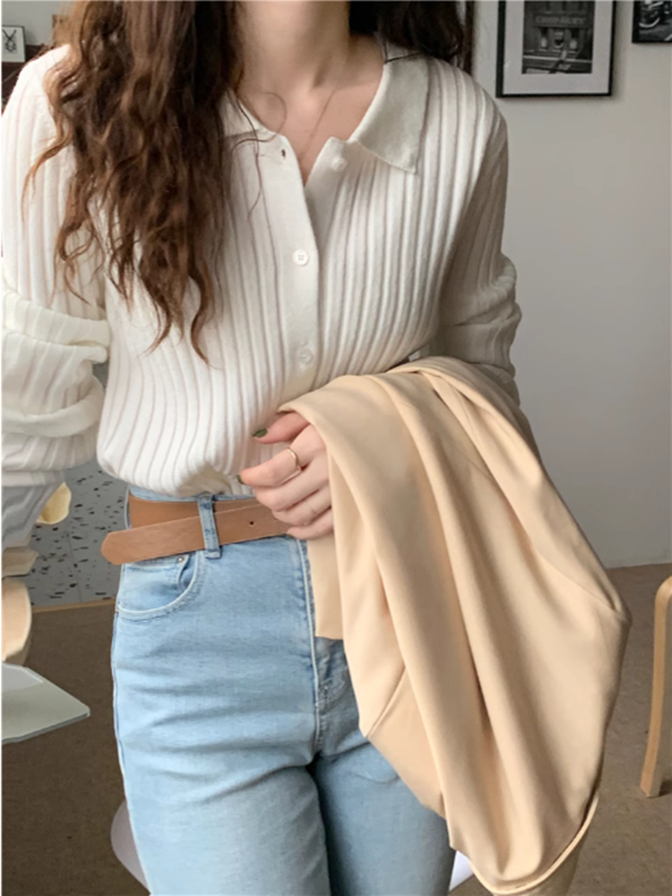 thumbnail for Polo neck knitted cardigan women's spring and autumn premium base sweater with chic niche cropped top long sleeves