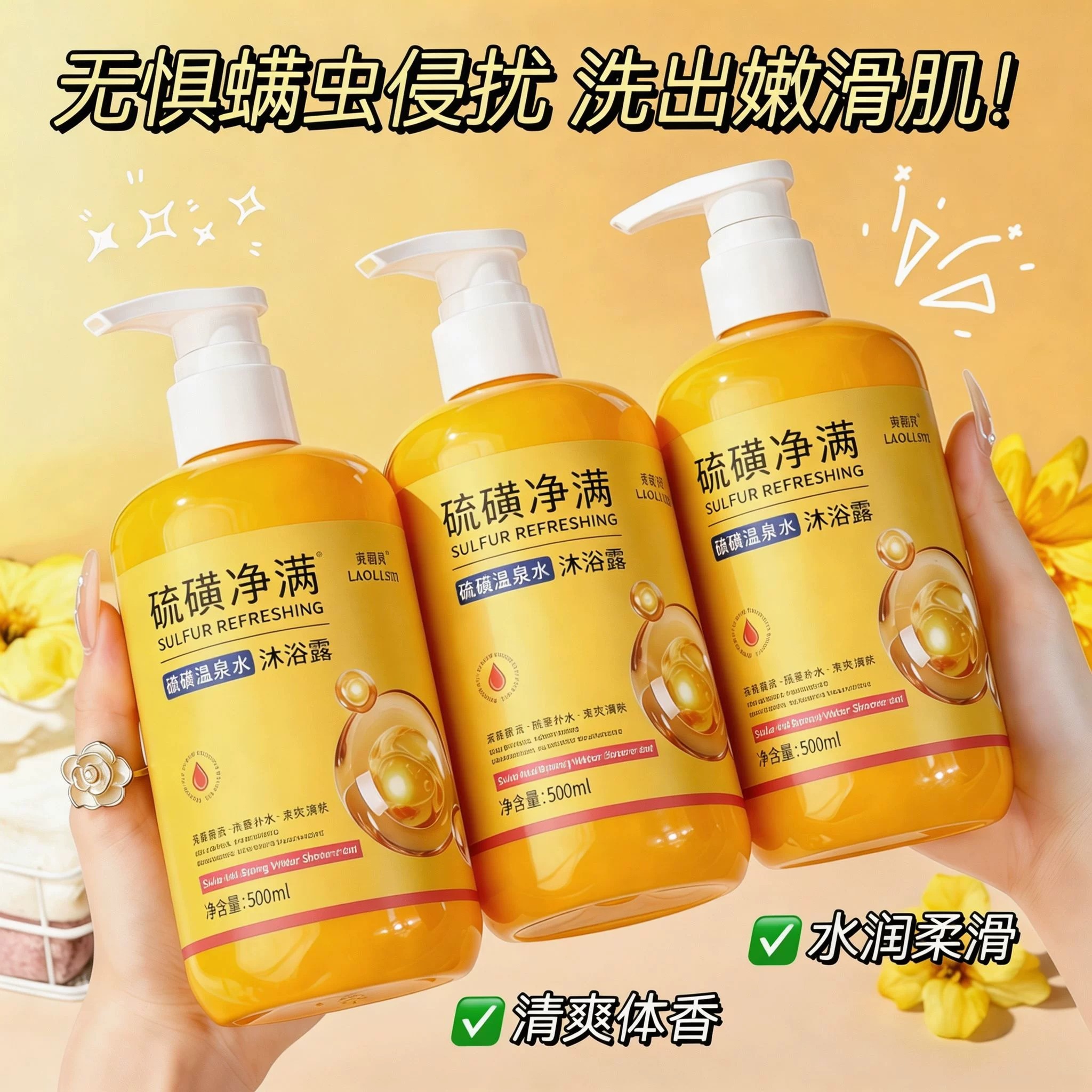 硫磺净螨沐浴露深层清洁持久保湿后背控油水润肌肤男女通用沐浴乳